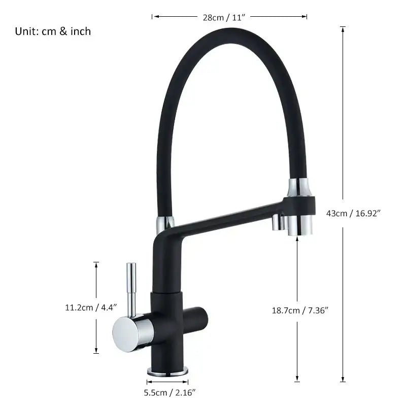 Black & chrome kitchen faucet with pull down sprayer and water filter