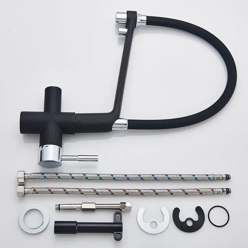 Black & chrome kitchen faucet with pull down sprayer and water filter