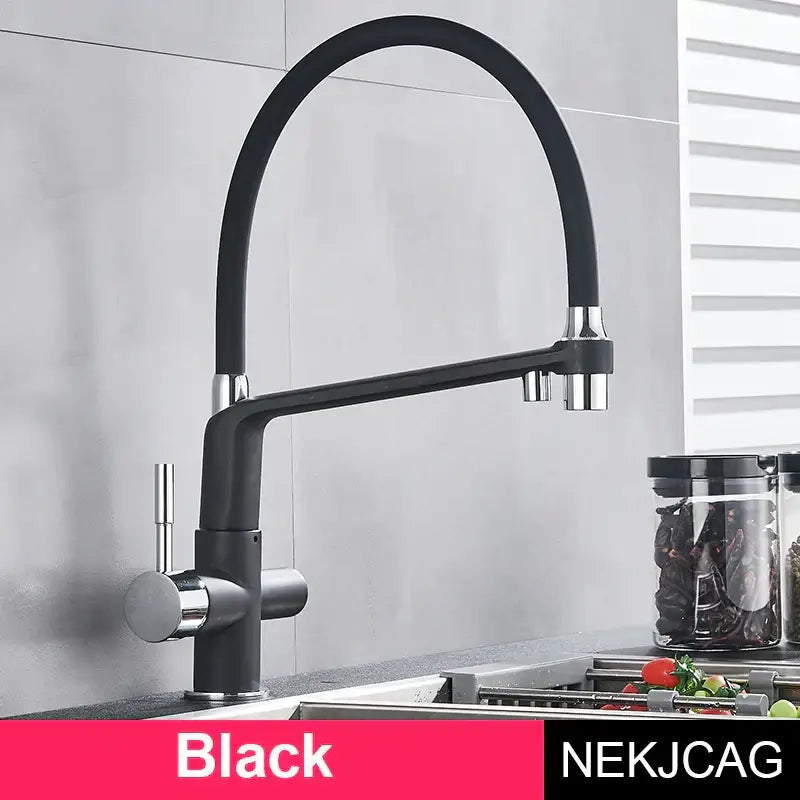 Black & chrome kitchen faucet with pull down sprayer and water filter