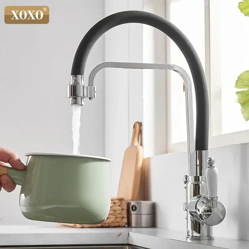 Black & chrome kitchen faucet with white ceramic handle