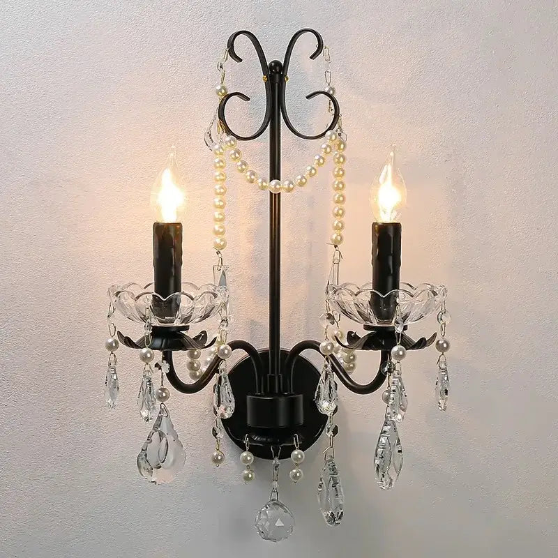 Black crystal chandelier with pearls foyer pendant light