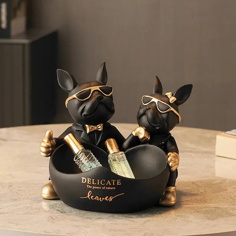Black & gold french bulldog butler statue office desk organizer