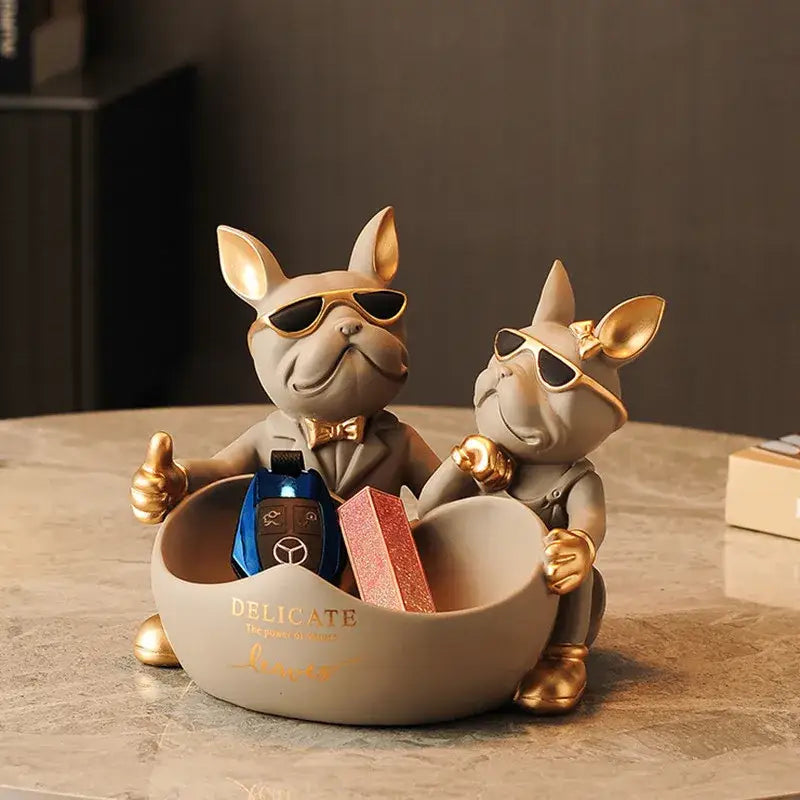 Black & gold french bulldog butler statue office desk organizer