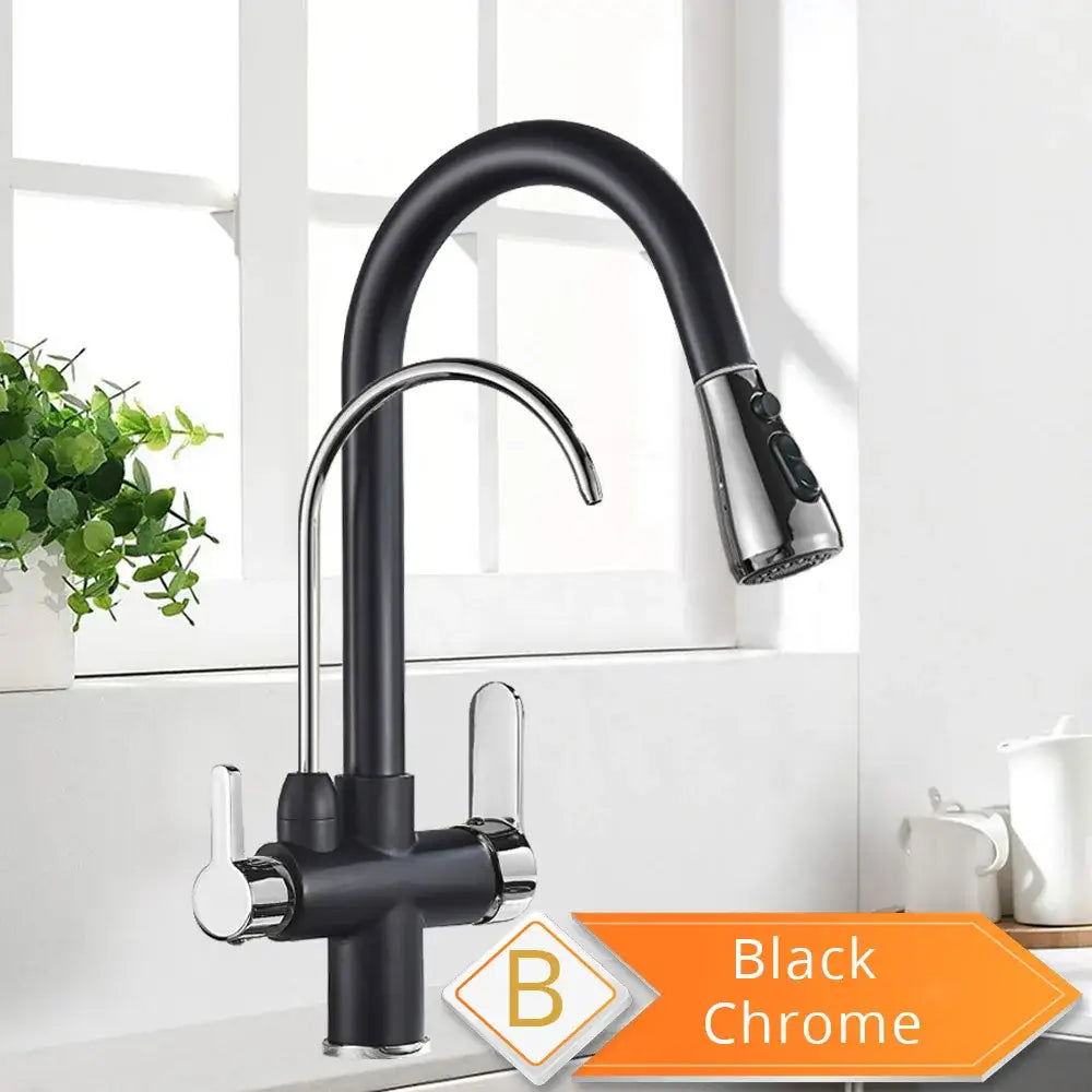 Black & golden pull out filter kitchen faucet with water filter