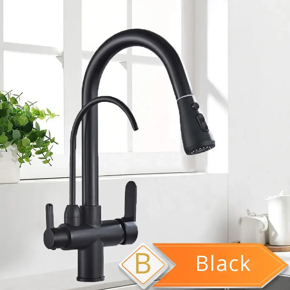 Black & golden pull out filter kitchen faucet with water filter
