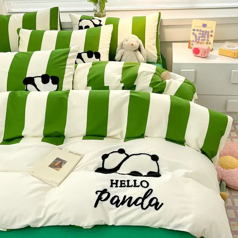 Black & gray cat embroidery stripes bedding set – bedroom bedclothes