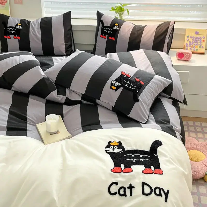 Black & gray cat embroidery stripes bedding set – bedroom bedclothes
