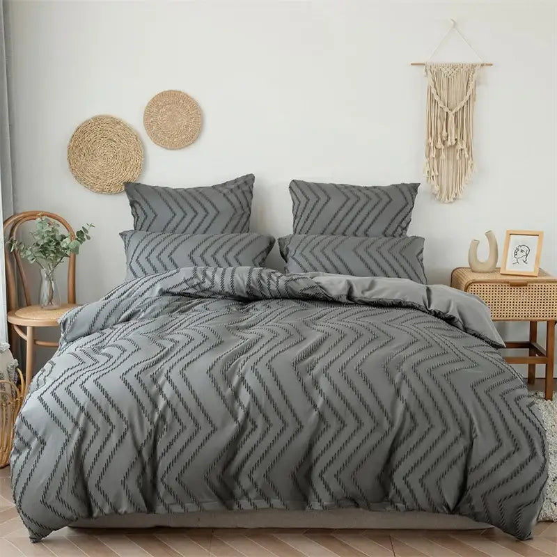 Black & gray zigzag stripe flower cut duvet cover bedroom set