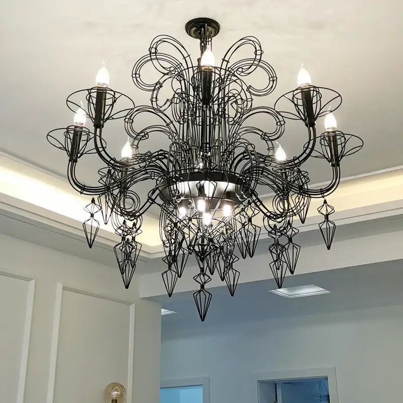 Black iron baroque e14 led chandelier foyer swirl pendant light