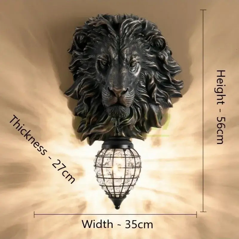 Black lion head wall lamp with glass globe for living room