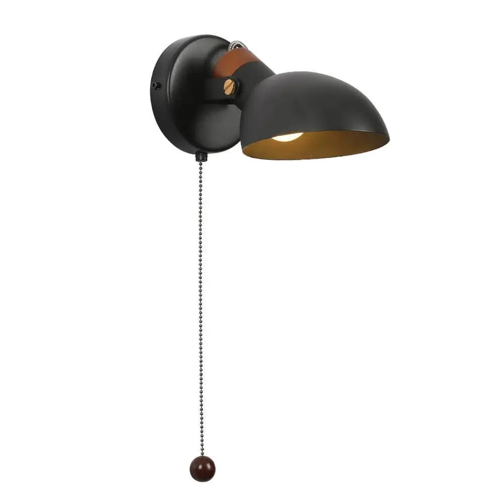 Black matte led wall sconce with wood pull chain bedroom light