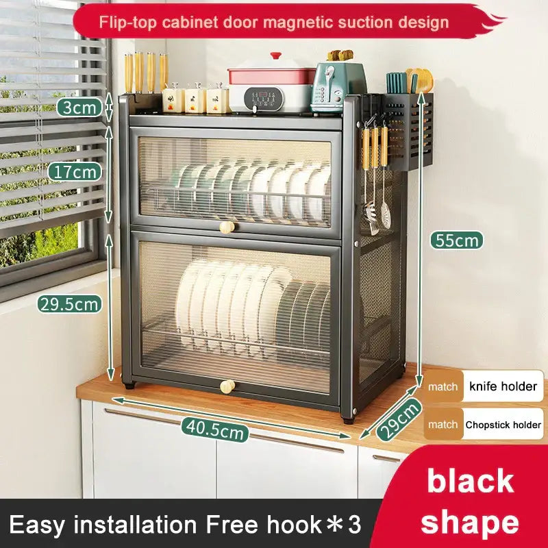 Black mesh double layer dish drying rack kitchen storage with drawers