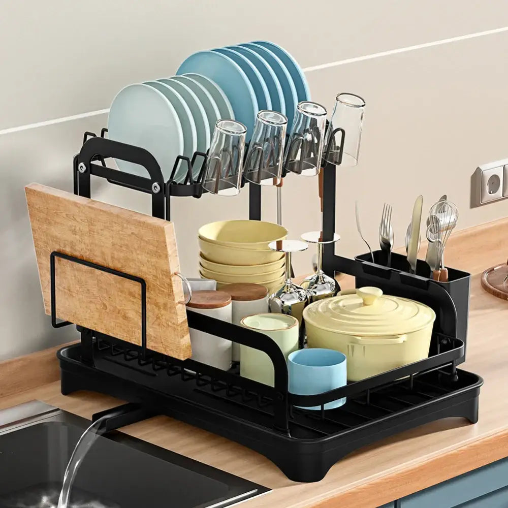 Black metal 2 tier dish drainer storage rack for kitchen organization