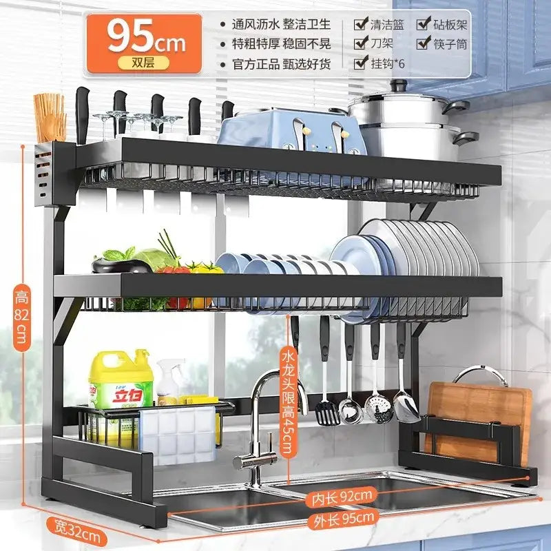 Black metal 2-tier dish drying rack with utensil holder kitchen storage