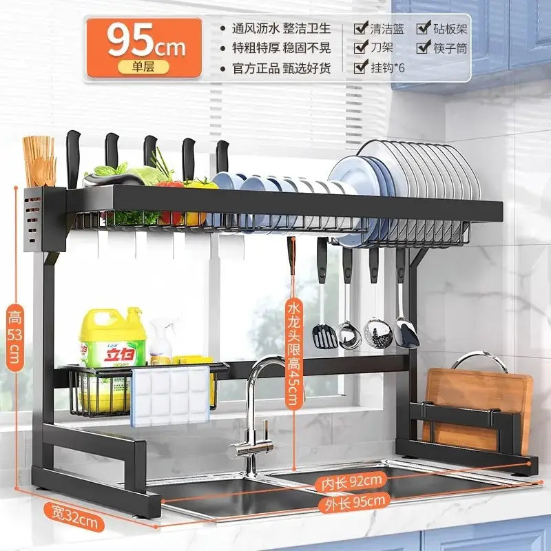 Black metal 2-tier dish drying rack with utensil holder kitchen storage