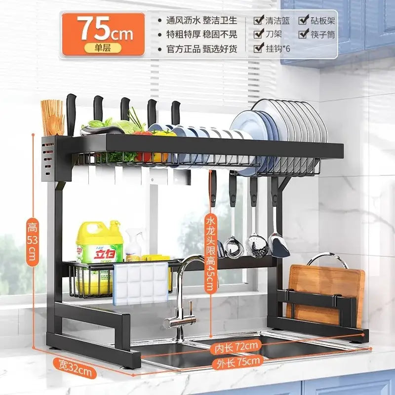 Black metal 2-tier dish drying rack with utensil holder kitchen storage