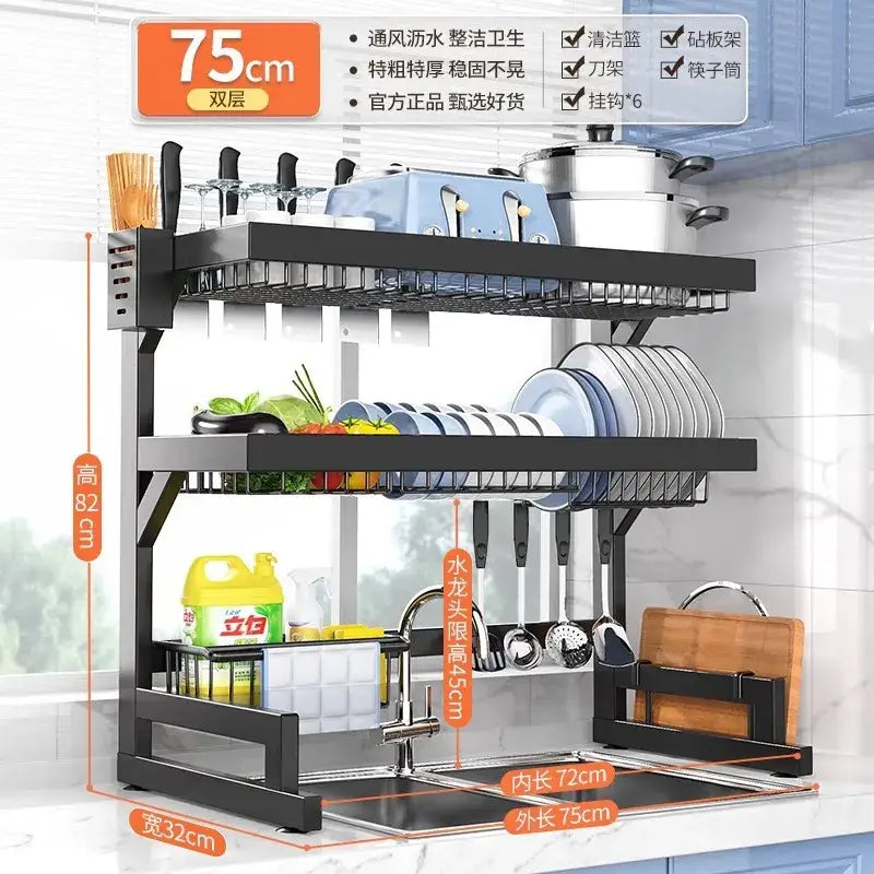 Black metal 2-tier dish drying rack with utensil holder kitchen storage