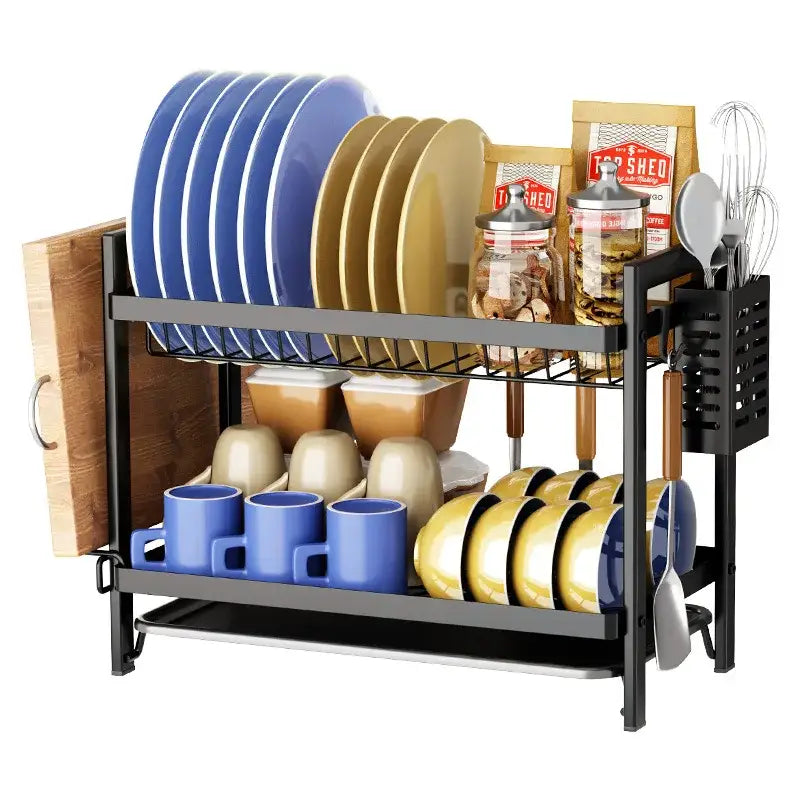 Black metal 2 tier kitchen dish rack with utensil holder