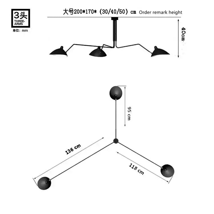 Black metal 3-arm floor lamp for living room with adjustable shades