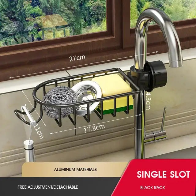 Black metal adjustable kitchen sink rack with soap dish and hooks