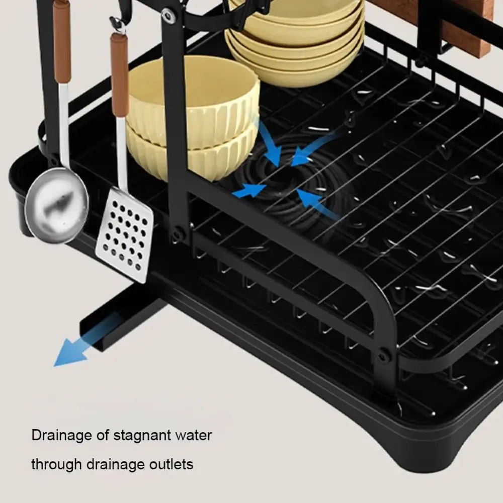 Black metal double layer dish drying rack kitchen storage organizer