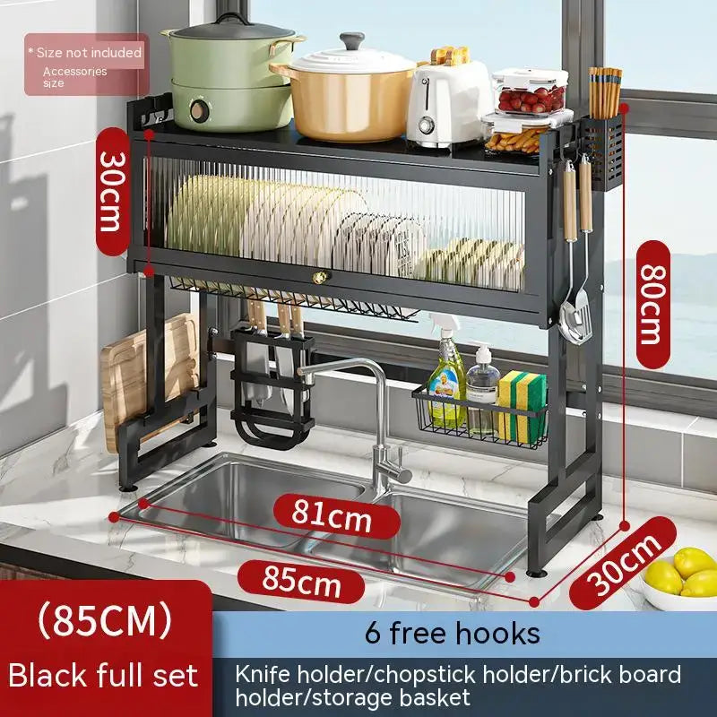 Black metal kitchen cabinet organizer shelf with glass for sink
