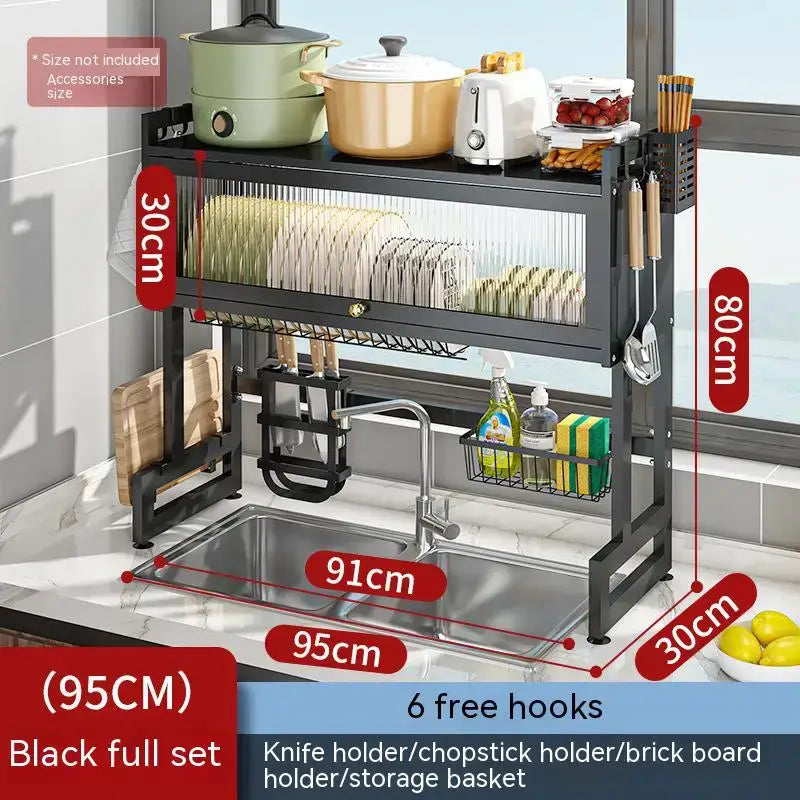 Black metal kitchen cabinet organizer shelf with glass for sink