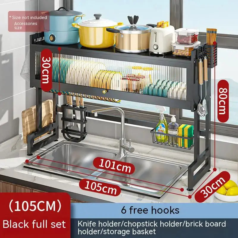 Black metal kitchen cabinet organizer shelf with glass for sink