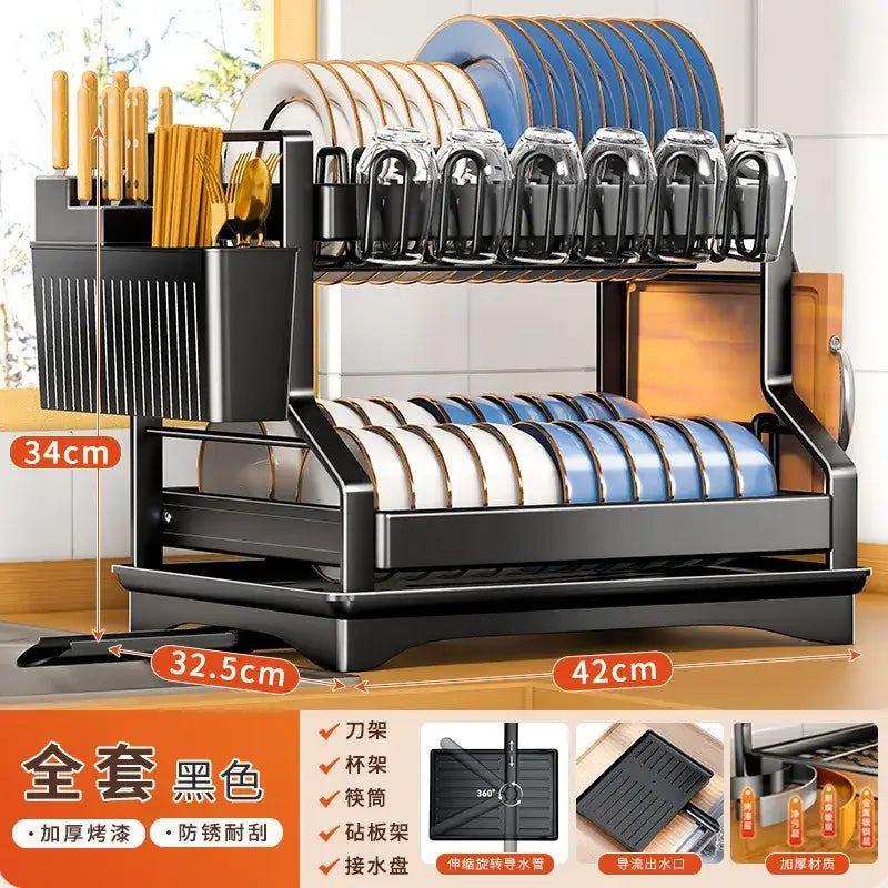 Black metal tiered kitchen dish drainer and storage rack