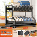 Black metal tiered kitchen dish drainer and storage rack