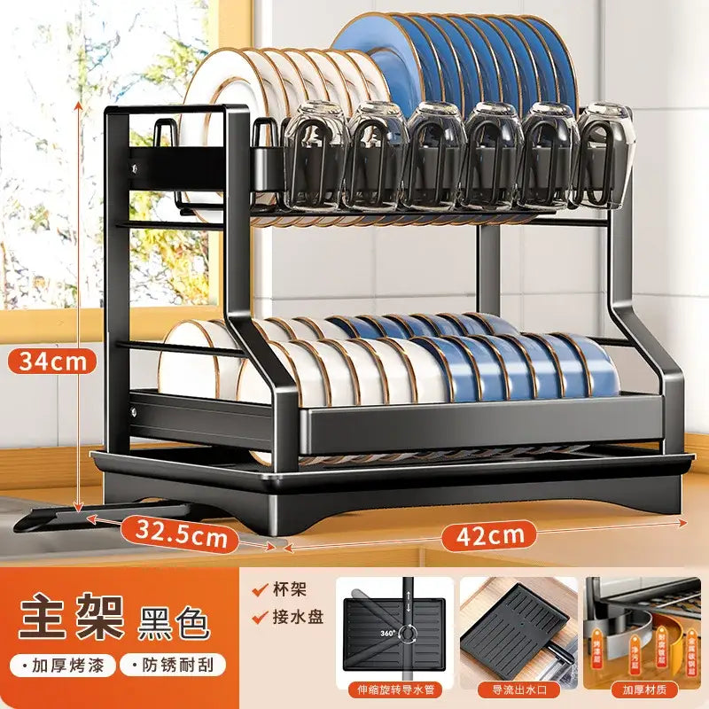 Black metal tiered kitchen dish drainer and storage rack