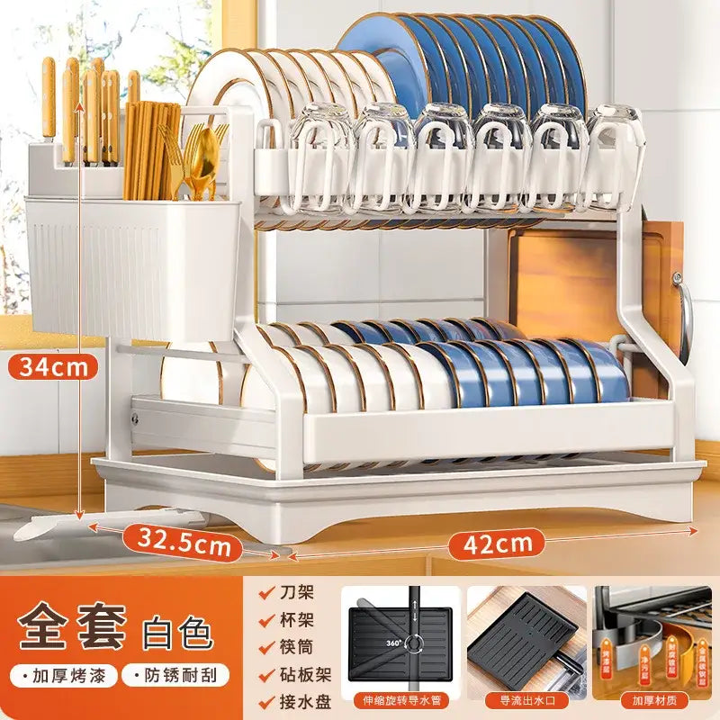 Black metal tiered kitchen dish drainer and storage rack