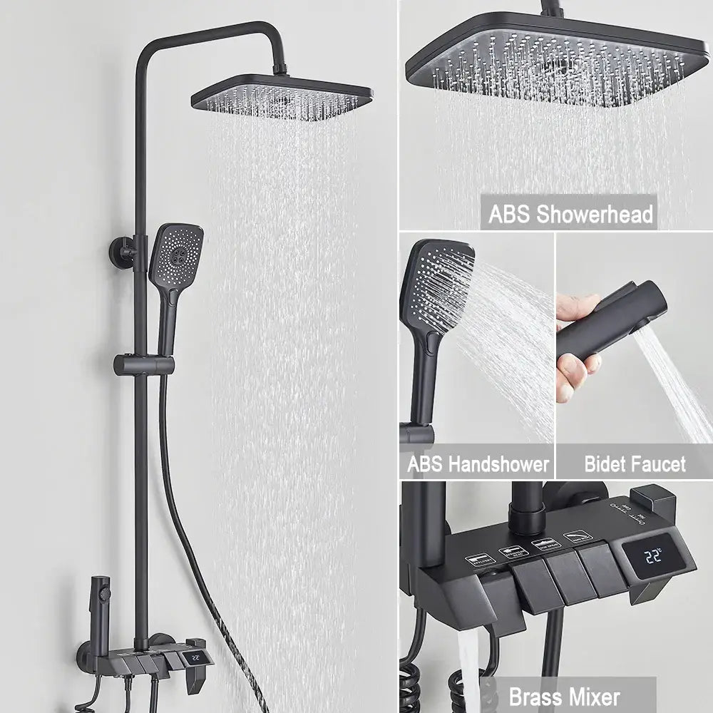 Black piano digital shower system with brass faucets for bathroom