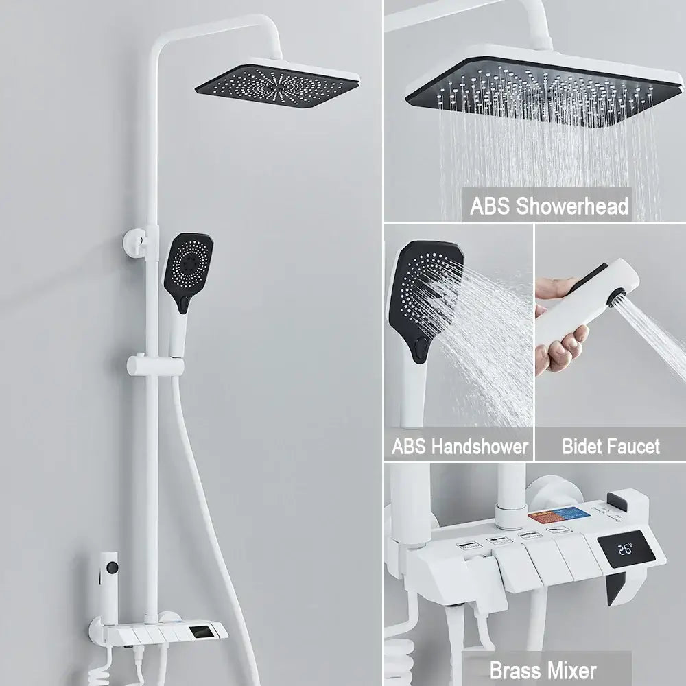Black piano digital shower system with brass faucets for bathroom