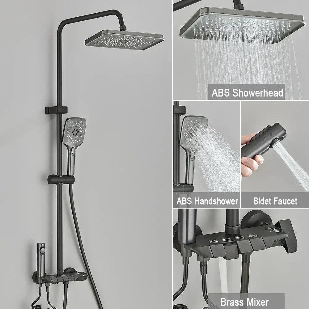 Black piano digital shower system with brass faucets for bathroom