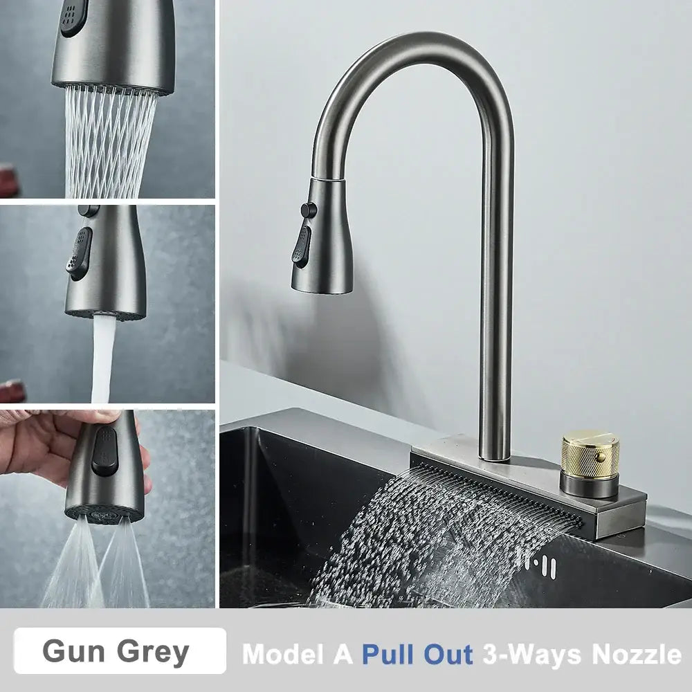 Black rainwater kitchen faucet matte black and gold pull out tap