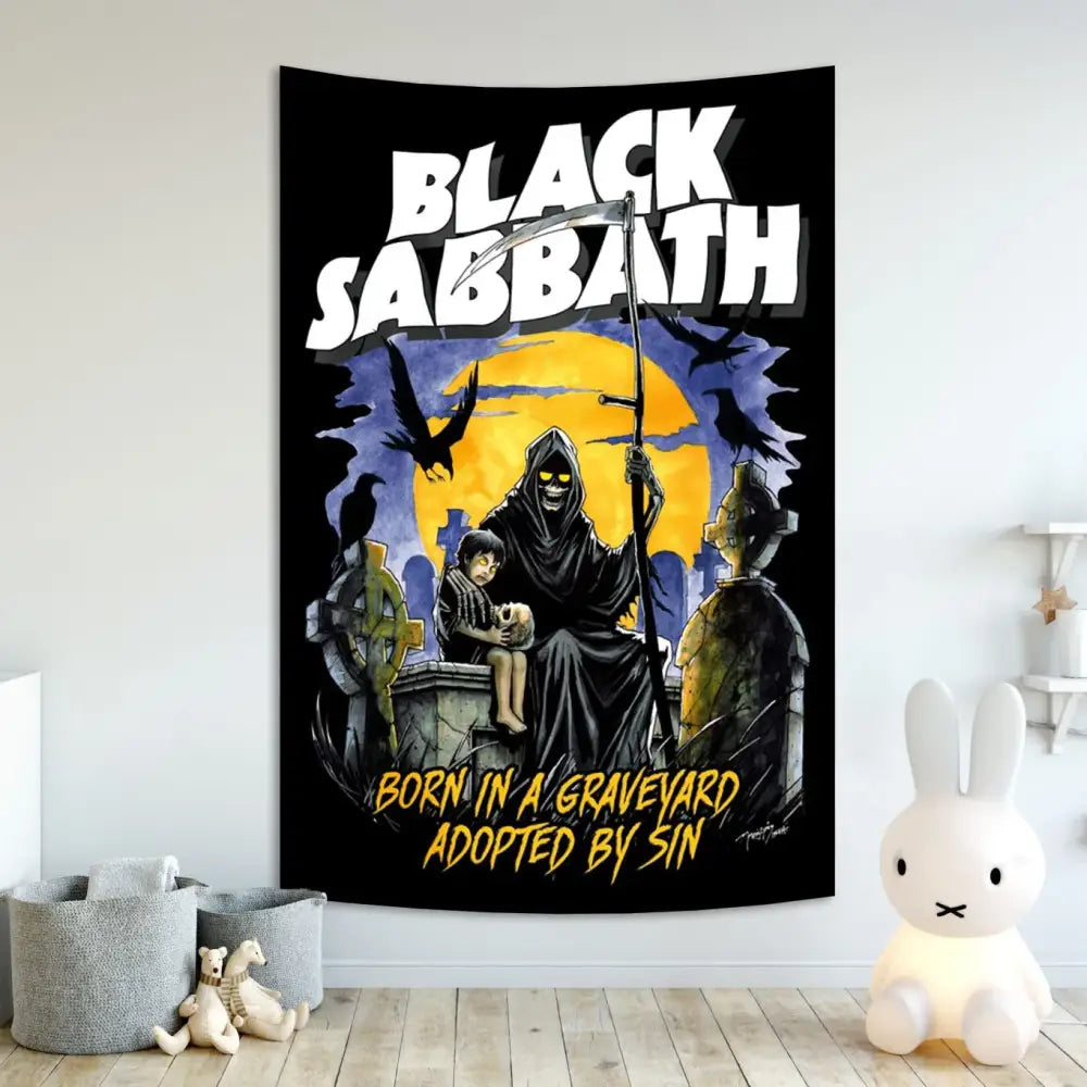 Black sabbath skull wall tapestry bedroom rock decor