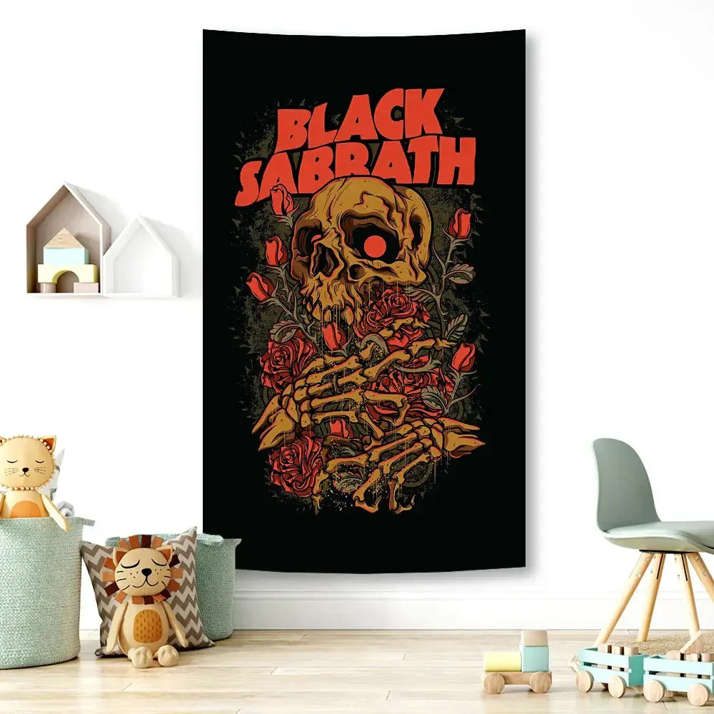 Black sabbath skull wall tapestry bedroom rock decor