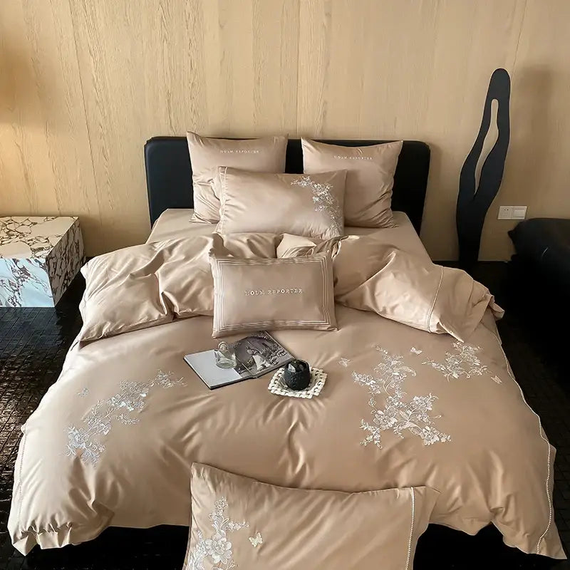 Black satin cotton flowers embroidery bedding set bedroom