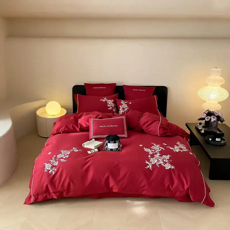 Black satin cotton flowers embroidery bedding set bedroom