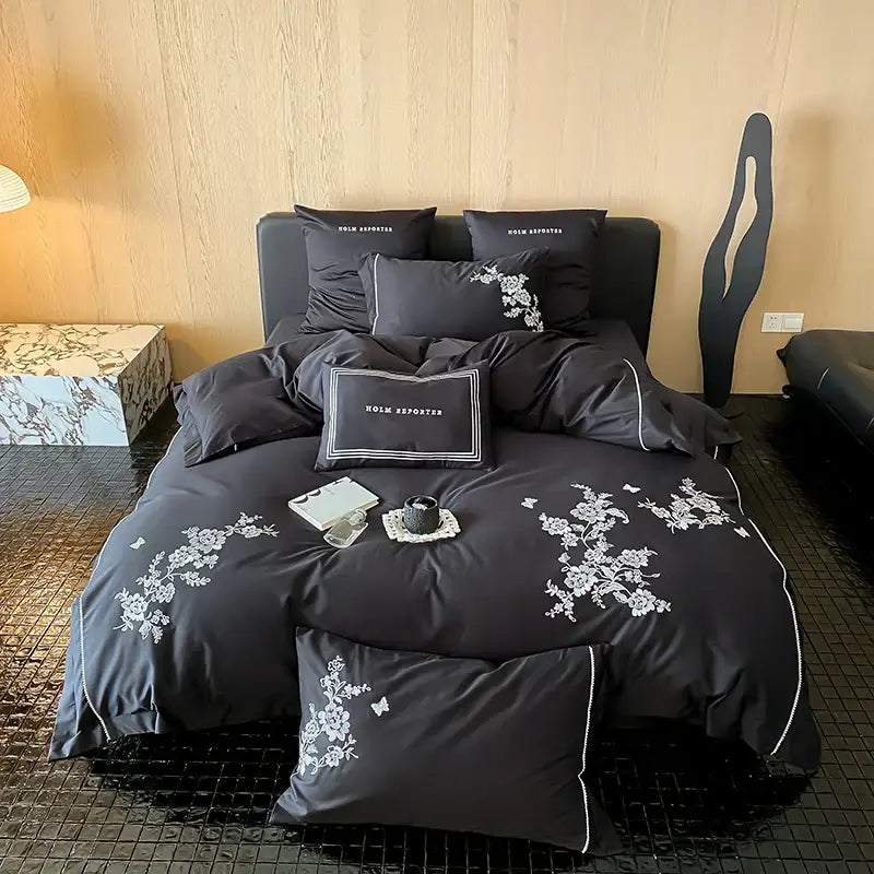 Black satin cotton flowers embroidery bedding set bedroom