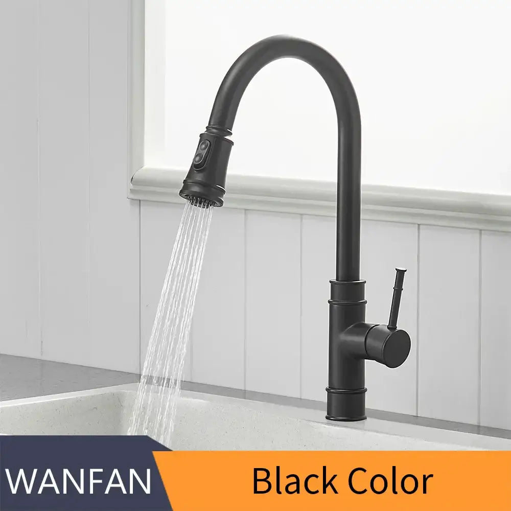 Black single handle pull out kitchen faucet with swivel spout