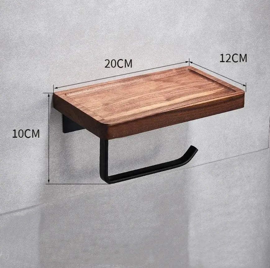 Black walnut bathroom set with corner shelf and storage accessories