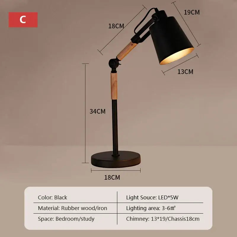 Black & white adjustable wood desk lamp for bedroom study