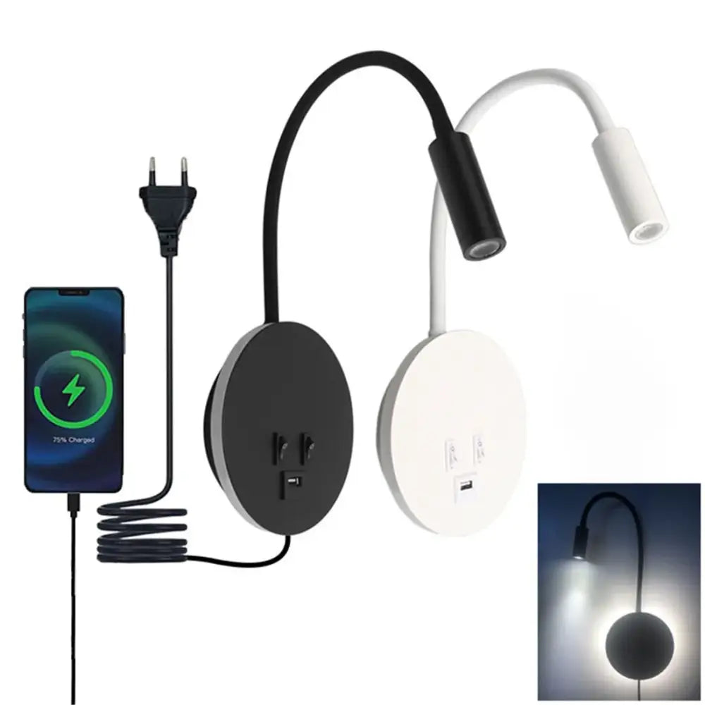 Black & white corded gooseneck wall sconce bedroom light with usb port