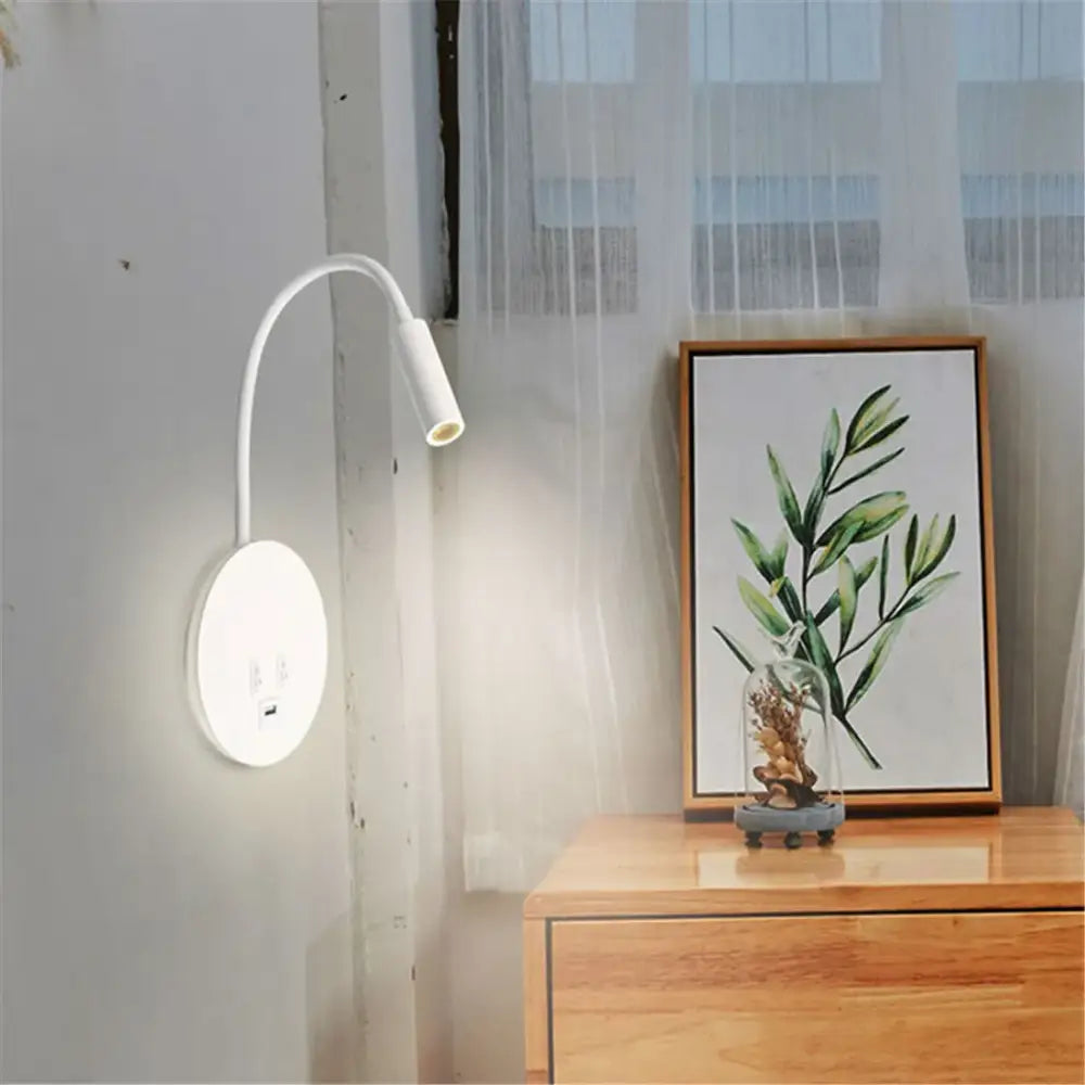 Black & white corded gooseneck wall sconce bedroom light with usb port