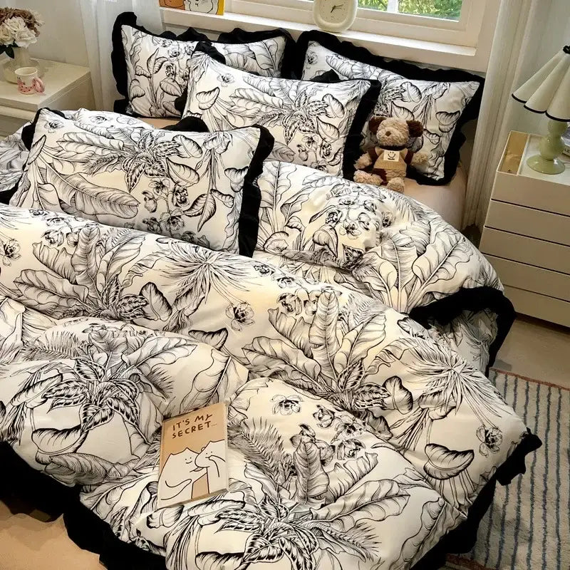 Black white printed floral ruffled bedding set bedroom linens