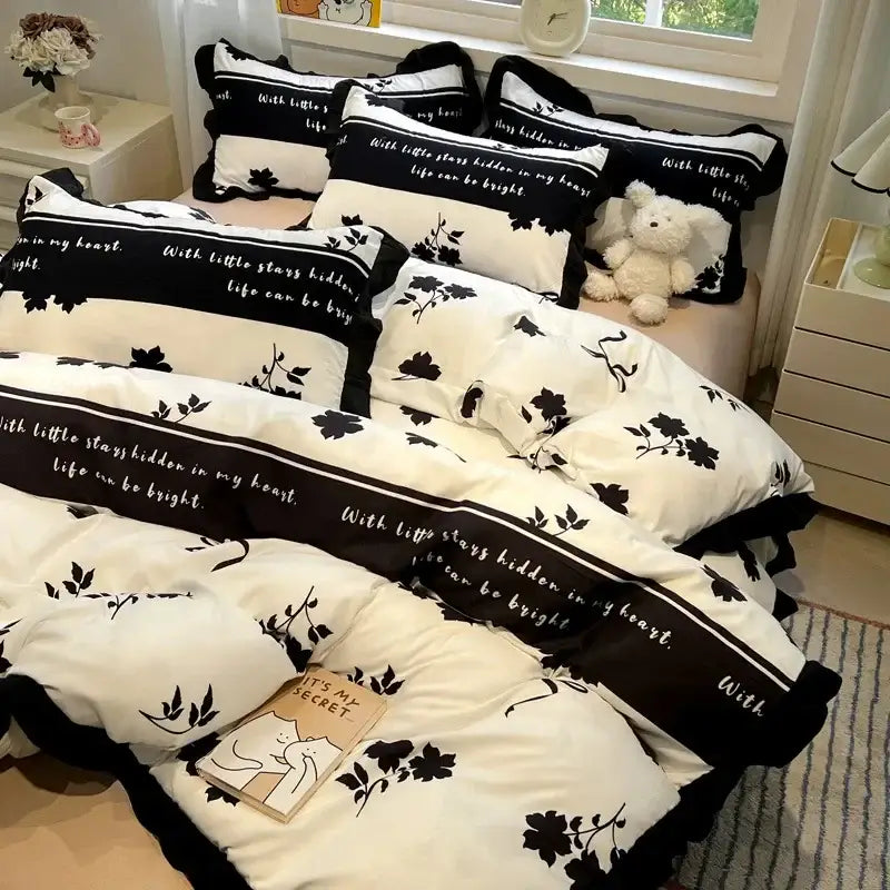 Black white printed floral ruffled bedding set bedroom linens