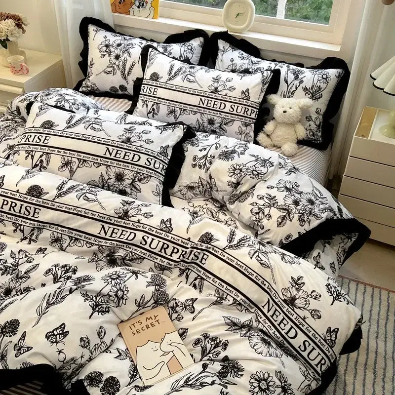 Black white printed floral ruffled bedding set bedroom linens