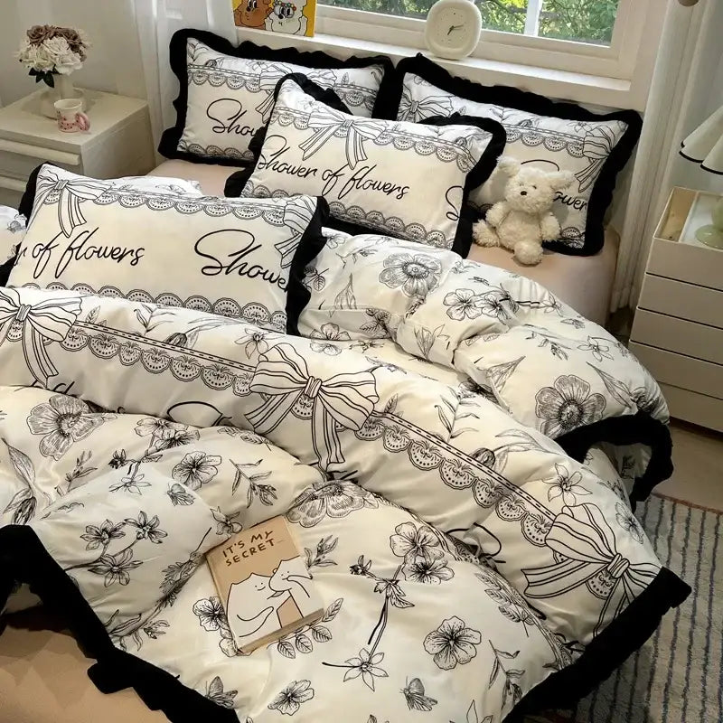 Black white printed floral ruffled bedding set bedroom linens